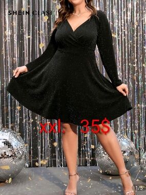 SHEIN Black Sparkle Long Sleeve Fit & Flare Dress